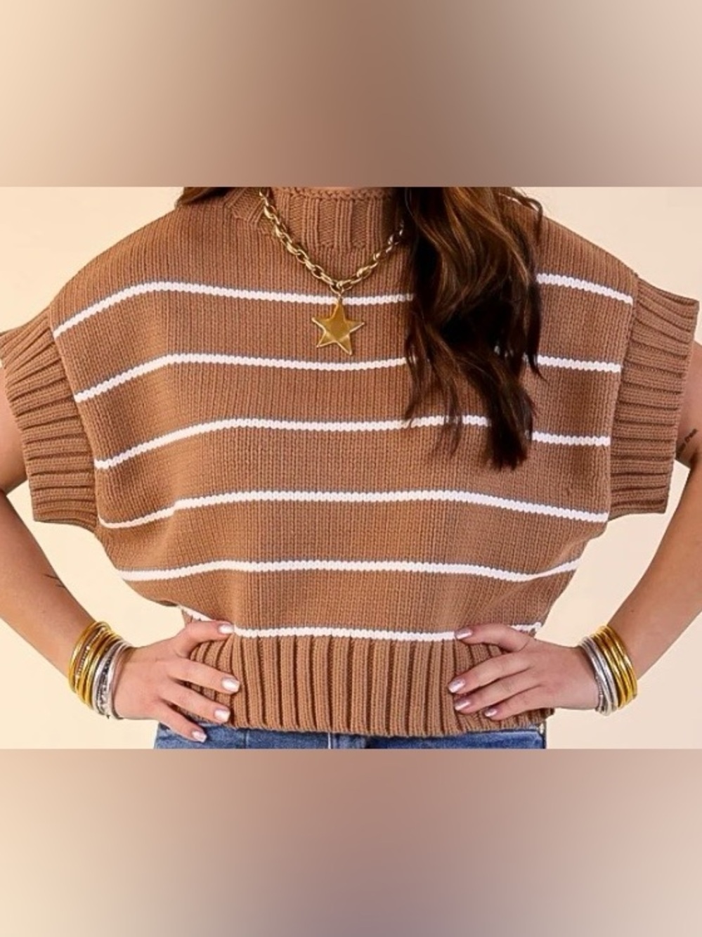 Women’s Zenana Green/White Striped Mock neck Sweater Size Small chunky knit - Picture 14 of 16
